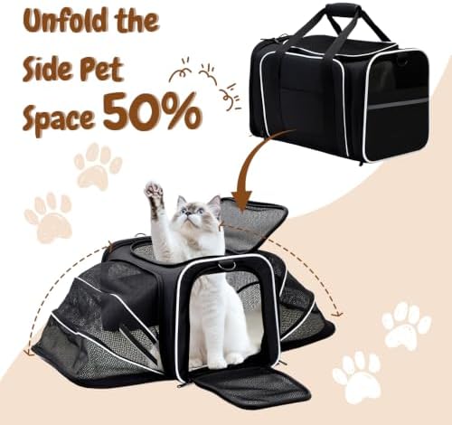 Double Expandable Cat Carrier,Airline Approved Soft-Sided Pet Travel Carrier for Small Dogs Cats Under 15 lbs,Waterproof 600D Oxford Fabric with Washable Replacement Liner,Odor-Free & Claw-Proof Black