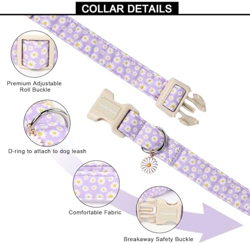 Lionet Paws Floral Dog Collar- Cute Daisy Purple Dog Collars with Plastic Buckle, Light Adjustable Dog Collars for Small Dogs