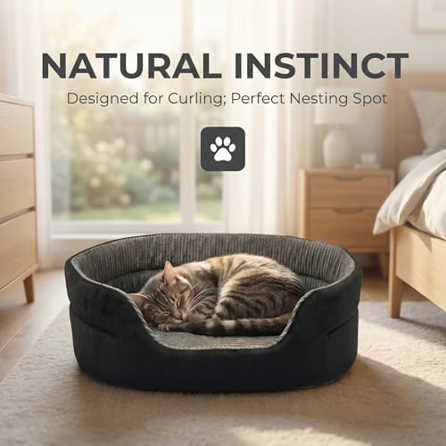 Medium Dog Bed Cat Bed 18x26 Inch, Calming Pet Bed for Dogs & Cats, Machine Washable Dog Bed，Half-Enclosed Open-Top Velvet Anti-Anxiety Bed, Cozy Snuggle Bed (Black)