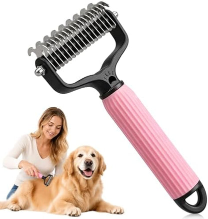 Pet Grooming Brush, Double-Sided Deshedding Dematting Tool for Dogs & Cats, Detangling Tool For Matted Fur, Ideal For Medium Or Long Haired Breeds (Pink)