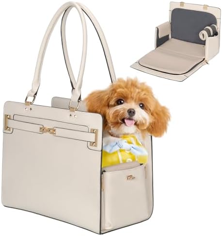 2-in-1 Stylish Dog Purse Carrier Soft-Sided Carriers Travel Tote Bag for Small Dogs Cats, Fashion Foldable Pet Bag for Puppies Small Animals with Pockets (White, 15" L x 7.5" W x 12.2" H)