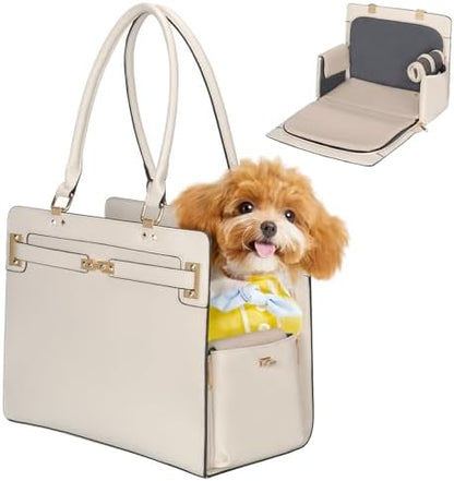 2-in-1 Stylish Dog Purse Carrier Soft-Sided Carriers Travel Tote Bag for Small Dogs Cats, Fashion Foldable Pet Bag for Puppies Small Animals with Pockets (White, 15" L x 7.5" W x 12.2" H)