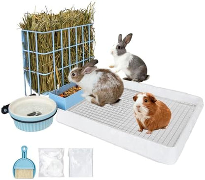 BESNEW 3 in 1 Rabbit Hay Feeder with Litter Box,Upgraded Metal Hay Rack & Litter Tray & Water Bowl,Quick Cleaning,Easy to Install,Bunny Supplies for Rabbit Guinea Pig Chinchilla Small Animals