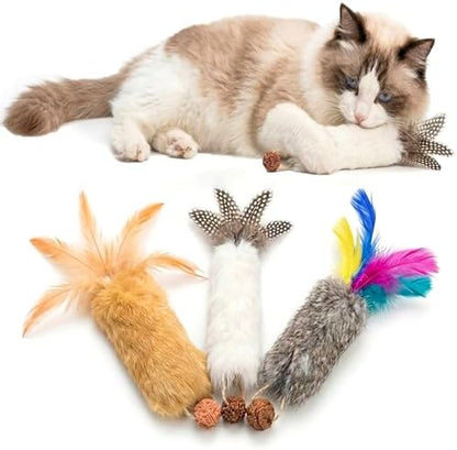 Cat Toy Rabbit Fur Feather 6pcs Gall Fruit Treat Kitten Kick Indoor
