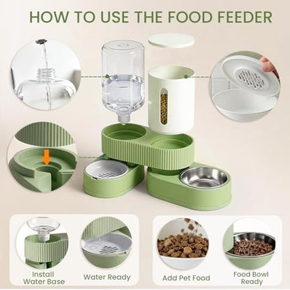 Gravity Cat Feeder 2 Pack Automatic Food Feeder Stainless Steel Water Dispenser Set 360° Rotatable Pet Bowls with Silicone Mat and Brush for Cats Small Medium Dogs, Large Capacity(Green)