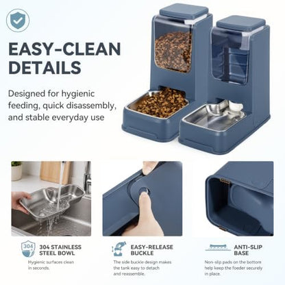 2 Pack Automatic Cat Feeder Stainless Steel Gravity Food and Water Dispenser for Small Medium Kitten Puppy Pets (Blue)