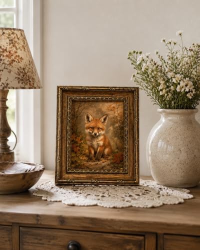 Framed Vintage Style Wall Art Cute Fox in a Rustic Forest Setting Canvas Print Poster Farmhouse style artwork suitable for bedroom or living room 8x10 inches ready to hang or display on a tabletop