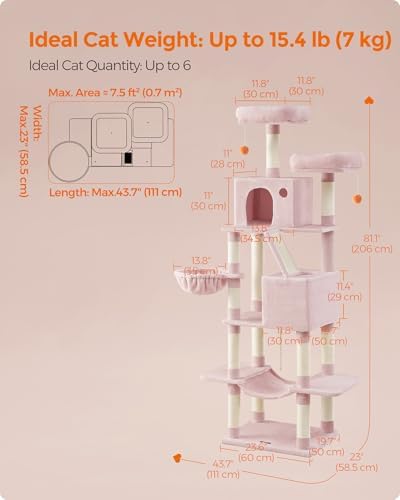 Feandrea Cat Tree, 81.1-Inch Large Cat Tower, Multi-Level Condo, Jelly Pink