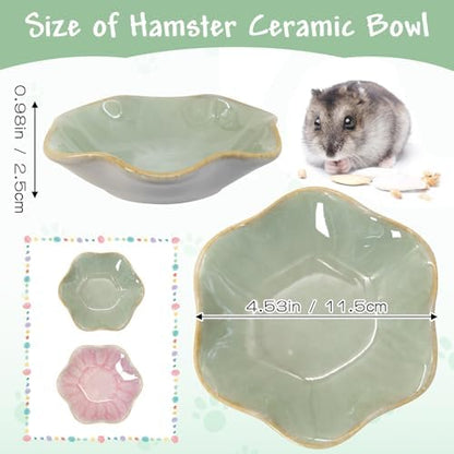 BNOSDM Shallow Ceramic Hamster Food Dish 2 Pcs Small Animals Food Bowl Lotus Feeding Dishes for Gerbils Mice Rats 4.5in (Green)