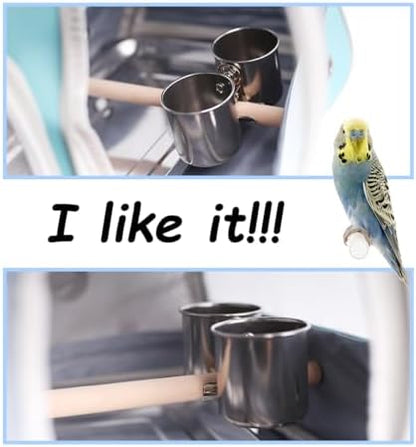 Bird Carrier, Portable Small Bird Parrot Parakeet Carrier with Standing Perch and Stainless Steel Tray, Side Access Window Collapsible (Silver, Clamp Cups)