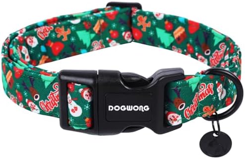 DOGWONG Christmas Cotton Dog Collar, Green Santa Christmas Dog Collar Durable Soft Fabric Pet Dog Collars Cute Puppy Necklace for Small Medium Large Dogs