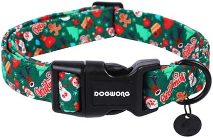 DOGWONG Christmas Cotton Dog Collar, Green Santa Christmas Dog Collar Durable Soft Fabric Pet Dog Collars Cute Puppy Necklace for Small Medium Large Dogs
