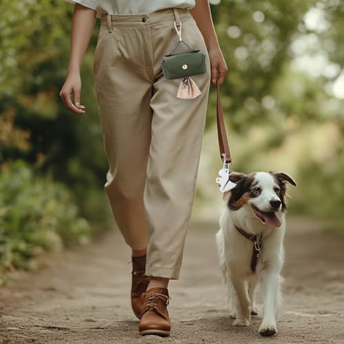 Affrolling 5 Pcs Leather Dog Poop Bag Holder Christmas Include 45 Scented Poop Bags Dispenser Cute for Travel Walking Dog Park and Outdoor Use(Dark Green)