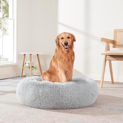 Dog & Cat Bed: Round Faux Fur Pet Bed - Plush, Cozy, & Calming Donut Bed for Large Pets - Soft & Comfortable Sleeping Cushion for Napping & Lounging, 30" Round, Silver