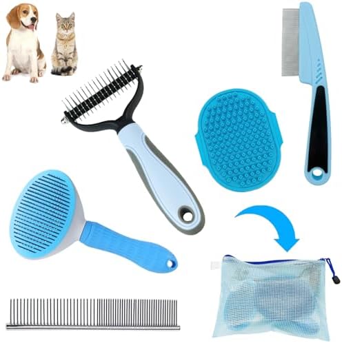 Dog Brush Grooming Kit 5PCS - Dog Brush for Shedding,Puppy Brush and Flea Comb for Dogs, Slicker Brush Comb and Dog Hair Brush Set Blue, Grooming at Home or Travel