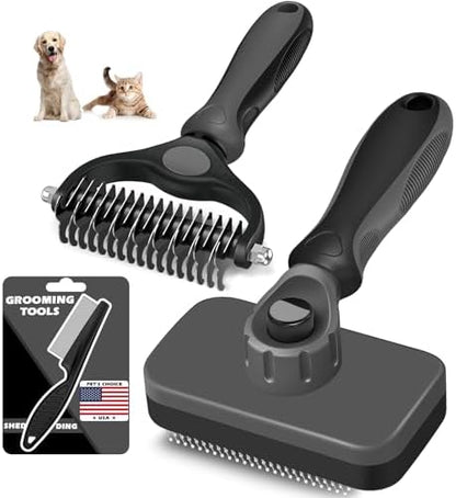 Professional 3PCS Self Cleaning Slicker Brush & Pet Grooming Rake & Flea Comb for Dogs,Cats and Horses | Double-Sided Dematting Comb & Skin Friendly Deshedding Grooming Tool | Pet Supplies (Grey)