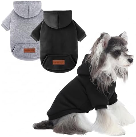 2 Pack Dog Hoodie Warm Hood Dog Sweater Cold Weather Small Dogs Sweatshirt Comfort Pet Clothes for Small Medium Dogs with Pockets (Black+Grey, M (Back: 11.4", Chest: 16.9"))
