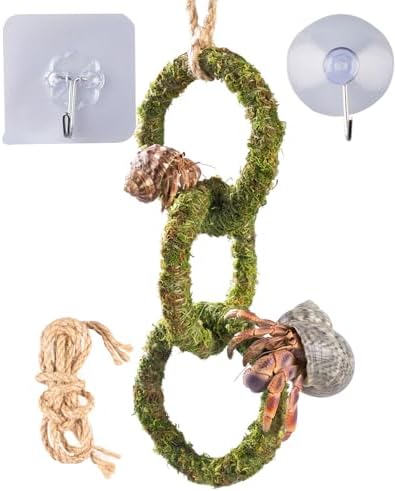 Hermit Crab Climbing Toy, Hanging Moss Climbing Rings for Hermit Crab Tank Accessories, 11 in Crabitat Decor with Rope, Textured Hermit Crab Climbing Accessory for Small Hermit Crabs