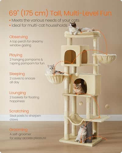 Feandrea Cat Tree, 69-in Large Cat Tower, Multi-Level Condo, Sand Beige