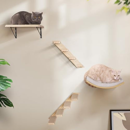 Cat Wall Stairs and Wall Shelves, 4 Piece Wood Cats Furniture Set, Padded Curved Bed with Foam, Flat Shelf & Climbing 4 Steps Stairs for Large Indoor Cats