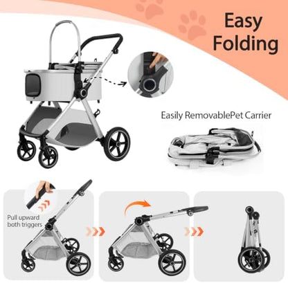3 in 1 Pet Stroller for Small Medium Dogs,Luxury Dog Stroller with Reversible & Height-Adjustable Handle,Washable Pad&Liner,Rubber Wheels,for Puppy,Senior Pets,Outdoor,Shopping&Vet Visits(Gray)