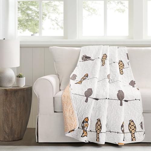 Lush Decor Rowley Birds Reversible Throw Blanket, 50" W x 60" L, Yellow & Gray - Throw Blankets for Bed - Couch Blanket - Farmhouse Throw Blanket for Couch
