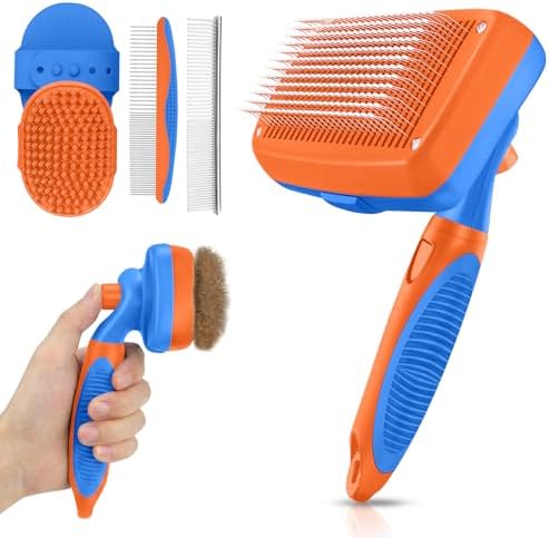 Self Cleaning Shedding Brush - 5-in-1 Professional Pet Grooming Kit Skin Friendly Grooming Tool for Dogs, Cats, and Puppies, Deshedding and Hair Removal for Long and Short Haired Pets,（Blue-Orange）