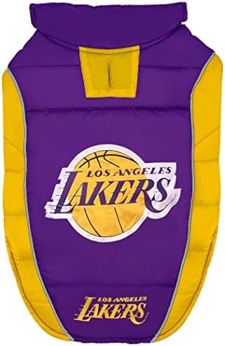 NBA Los Angeles Lakers Puffer Vest for Dogs & Cats, Size Medium. Warm, Cozy, and Waterproof Dog Coat, for Small and Large Dogs/Cats. Best NBA Licensed PET Warming Sports Jacket