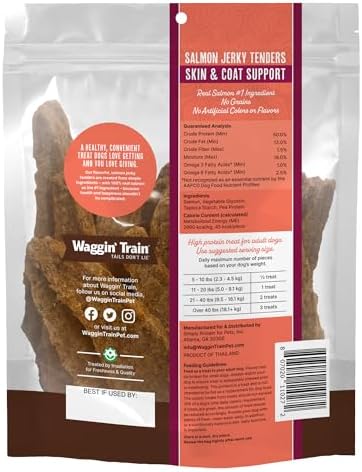 Waggin' Train Salmon Jerky Dog Treats for Skin and Coat Support, Made with 100% Real Salmon, No Grains and No Artificial Flavors or Colors, High Protein Dog Treat, Easily Digestible, 36 oz. Pouch