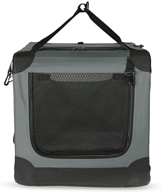 Amazon Basics Portable Folding Soft Dog Crate, 4-Doors, Collapsible Travel Kennel for Cat, Dog, and Small Animals, Quick Setup, Small 26" x 18" x 18", Grey