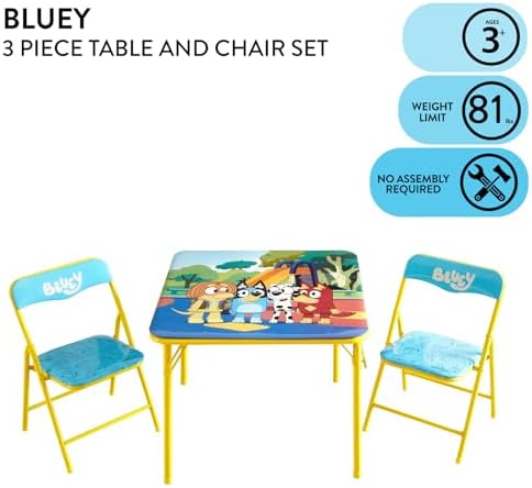 Bluey Kids Table and Chair Set, 3 Piece Folding Activity Set with Square Table & 2 Chairs,Furniture for Playroom, Crafting, Ages 3+