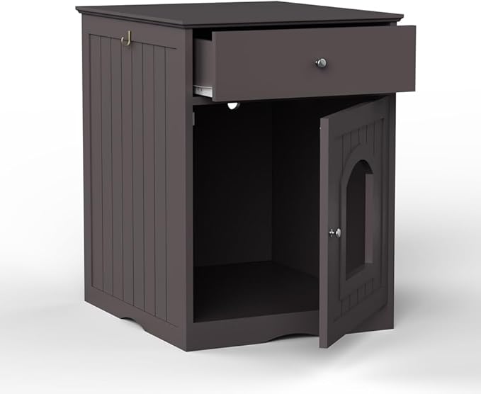 Large Wood House for Cats Litter Box Enclosure Furniture Hidde Out Box with Cabinet Drawer Indoor Pet House Side Table Wooden Crate (Brown)