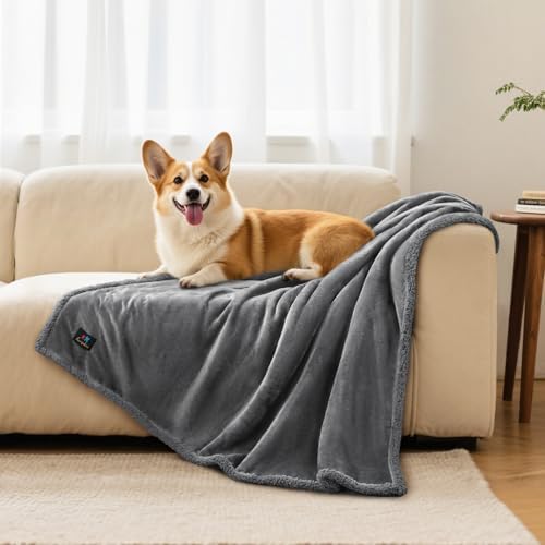 Luciphia Waterproof Bed Blanket Washable, Soft Sherpa Fleece Puppy Reversible Throw Blankets for Small, Medium Dog Cat, Furniture Cover Protector Couch from Liquid Pee and Pet Fur,Light Grey,57" x 40"