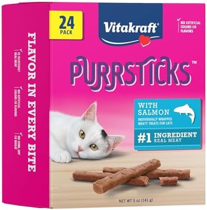 Vitakraft PurrSticks for Cats - Nutritious & Healthy Soft Cat Treats - Gently Oven Roasted Meat Sticks for Cats w/ 70% Meat - Easy-to-Serve Cat Chew Sticks (Salmon, 24 Pack)
