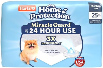 Hartz Miracle Guard Dog and Puppy Dog Pads Max Absorbency 24 Hour Use Odor Eliminating No Leaks, Regular Size 25 Count