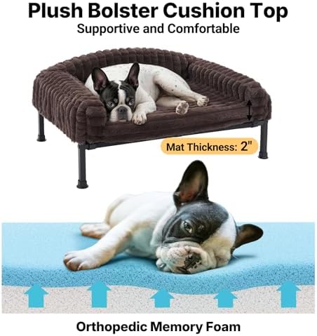 Veehoo Elevated Dog Bed with Bolster Cushion, Fluffy Plush Dog Couch Beds for Small Dogs, Cats, Washable Raised Pet Cot with Non-Slip Feet for Indoor or Patios Use, 36 x 28 Inches, Brown