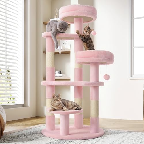 Allewie 55.5 in Cat Tree for Indoor Kitties/Soft Plush Perches/Multi-Level Cat Tower/Sisal Scratching Posts/Crescent Plates/Round Jumping Board/Hanging Ball/Pet Activity Center/Pink