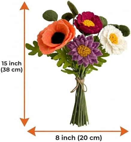 Glaciart One Wool Felt Flowers Set – Handcrafted Artificial Arrangement with Colorful Stems, Eco-Friendly Material, Essential Oil Ready, Reusable Decor, Washable Gift for Events or Home