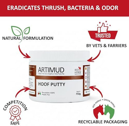 Artimud - Horse Hoof Putty | Thrush Treatment | 26.5 oz (750g) | Eucalyptus Horse Hoof Clay | Equine Frog & Sole Protection | Red Horse Products | Natural Hoof Mud | Non-caustic | All Equines