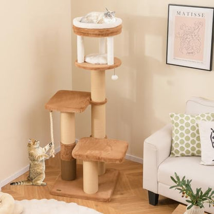 PETSITE 65 Inch Tall Cat Tree, Multi-Level Cat Tower with Scratching Posts, Soft Faux Rabbit Fur Padded Perches, Removable Cushion, Sisal Rope, and Dangling Ball, Modern Cat Tree Tower for Indoor Cats