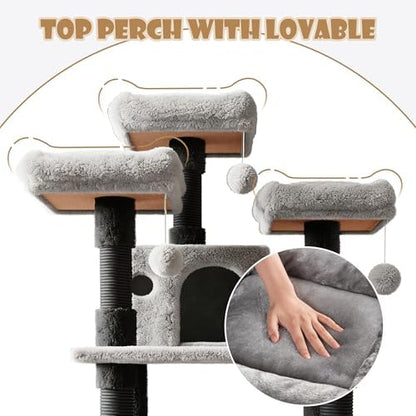 SHA CERLIN 68 Inches Multi-Level Large Cat Tree for Large Kitties/Big Cat Tower with Condo/Cozy Plush ‌Pussycat Perches/Sisal Scratching Posts and Hammocks/Activity Center/Black & Grey