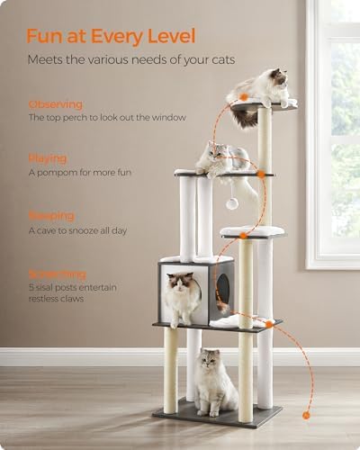 Feandrea Cat Tree, 65-Inch Multi-Level Tower with 5 Scratching Posts