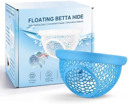 Blue Floating Betta Hide & Shrimp Cave: 3-in-1 Aquarium Hammock, Feeder & Resting Spot for Betta Fish, Shrimp & Small Fish | Eco-Safe PLA