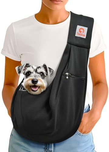 Tomkas Small Dog Cat Sling Carrier Puppy Purse Travel Wrap Soft Crossbody Pet Bag (Black, M - Zip Pocket & Classic Strap)