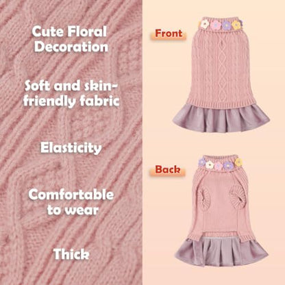 YUDODO Small Dog Sweater Dress with Bowtie Turtleneck - Knitted Pet Clothes