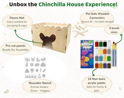 OtterPets Chinchilla House with DIY Paint Kit and Fleece Mat, Wood Hideout