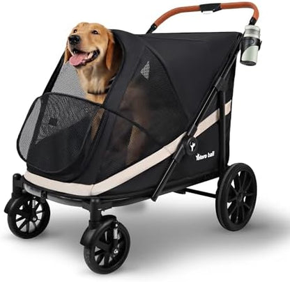 Dog Stroller for Large Dogs One-Click Folding 4 Wheel Foldable Dog Stroller for 2 Dogs with Storage Pocket Suitable for Pets Up to 80LBS (Black, Large)