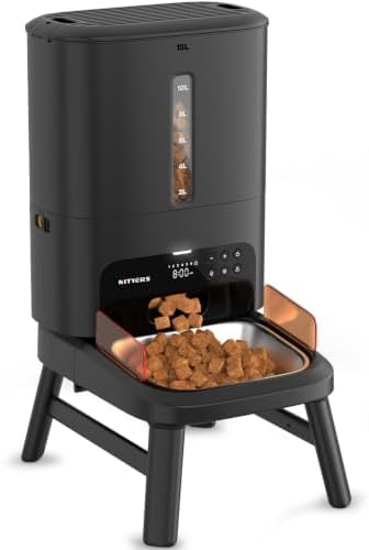 Automatic Dog Feeder for Large Breed - 15L/ 63 Cups Anti-Clog Dog Food Dispenser for 2-23mm Kibble, Elevated Stand, Large Food Tray, Dual Power, Up to 50 Portions 6 Meals Per Day, Keeps Fresh