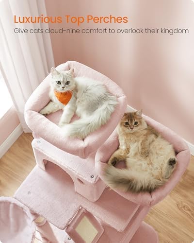 Feandrea Cat Tree, 66.1-Inch Large Cat Tower, Multi-Level Condo, Jelly Pink