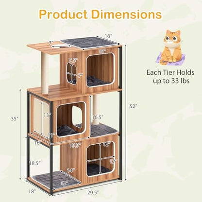 PETSITE 52-inch Wood Cat Tree for Indoor Cats, Multi-Level Solid Metal Framed Wooden Cat Tower with Sisal Scratching Posts and Pad, 3 Condos, and Top Platform with Cat Hole